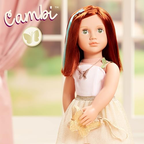 Our Generation 18-inch Cambi doll with red hair, blue eyes, butterfly-themed outfits, and styling accessories in gift box.