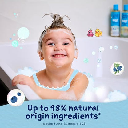 Childs Farm Bluey Berry Bubble Bath, Hair & Body Wash, and Body Moisturiser bottles with blue and purple packaging for sensitive skin.