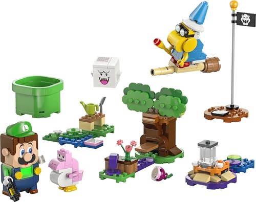 LEGO Super Mario Adventures set featuring interactive LEGO Luigi, pink Baby Yoshi figure, garden playset for kids and gamers