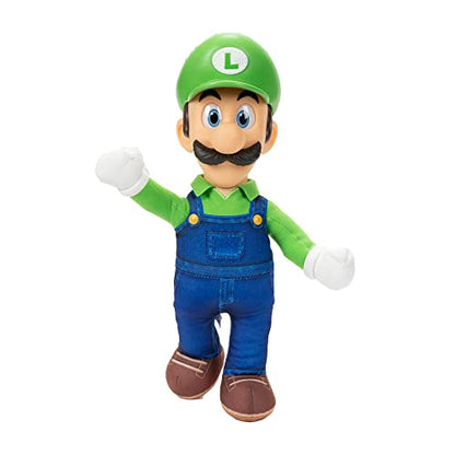 Nintendo Super Mario Bros. Luigi plush toy, fully articulated, 14-inch tall with realistic eyes and detailed 3D costume for kids and collectors.