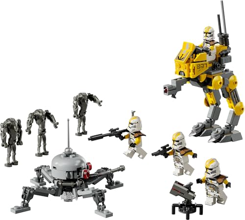 LEGO Star Wars 75431 Battle Pack featuring 4 Clone Troopers, 3 Battle Droids, and an AT-RT in an action scene.