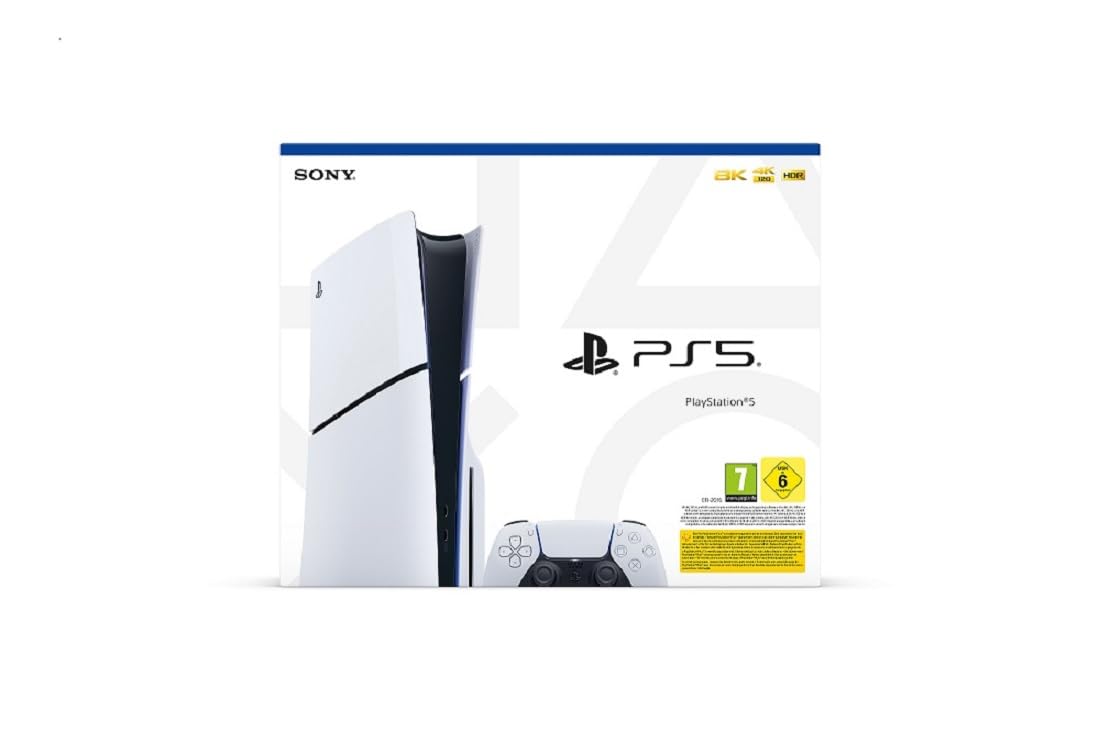 PlayStation Console 5 Edition Standard Slim with sleek black design and disc drive, positioned on a white background.