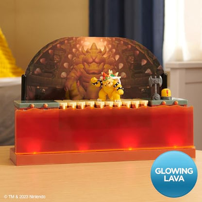 Super Mario Deluxe Bowser Battle Playset with lights, sounds, and 2.5-inch Bowser action figure for Super Mario fans.