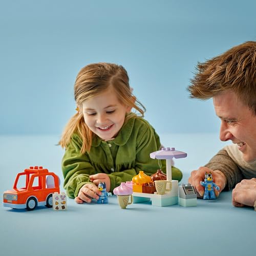 LEGO DUPLO Bluey: Ice Cream Trip with Bluey - Educational Motor Skills Toy for Toddlers, with a Toy Car and Ice Cream Stand, plus 2 Figures incl. Bandit - Gift for 2+ Year Old Girls & Boys - 10458