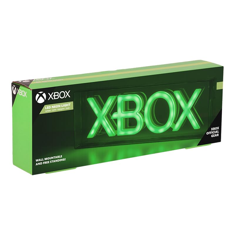 Green Xbox logo LED neon light by Paladone, wall-mountable or free-standing sign, perfect for gaming room decor.