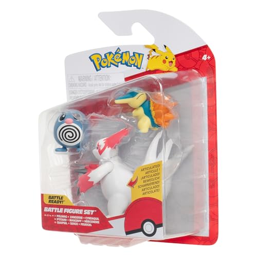 Pokemon Battle Figure 3-Figure Pack featuring Poliwag, Zangoose, and Cyndaquil in dynamic poses on a colorful background.