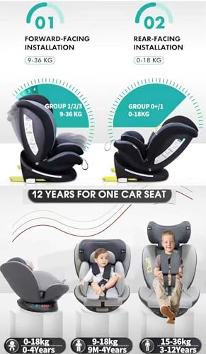 Super Toy Store 360° rotating baby car seat with ISOFIX, recline, and adjustable height for infants to older children.