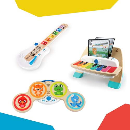 Baby Einstein Strum Along Songs Magic Touch wooden toy guitar with light-up buttons and whammy bar for children 6 months and older.