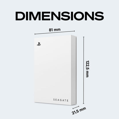 Seagate 5TB external PS4/PS5 Game Drive with USB 3.0, blue LED, officially licensed, and includes two weeks of PlayStation+ subscription.
