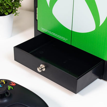 Numskull Games official Xbox gaming locker with game disk storage, featuring black plastic case and labeled compartments for organized gaming.