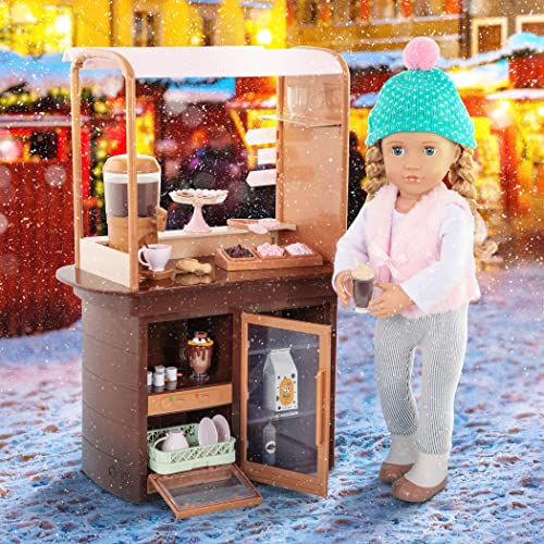 Our Generation Choco-Tastic Playset with hot chocolate stand and 26 accessories for 18-inch dolls, featuring colorful details.