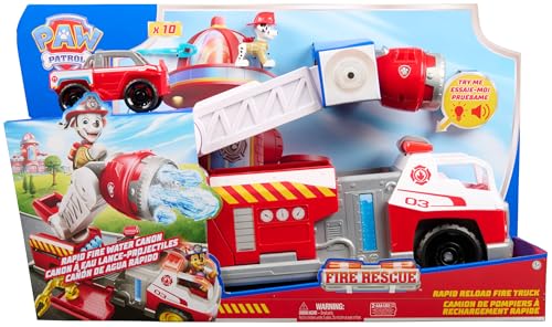 Paw Patrol Fire Rescue: Rapid Reload Fire Truck with Marshall Figure, Quick-Fire Launcher, Lights and Sounds, Kids Toys for Boys and Girls Ages 3 and Up