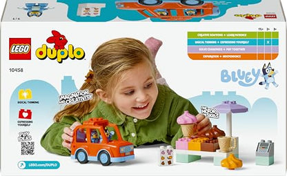LEGO DUPLO Bluey: Ice Cream Trip with Bluey - Educational Motor Skills Toy for Toddlers, with a Toy Car and Ice Cream Stand, plus 2 Figures incl. Bandit - Gift for 2+ Year Old Girls & Boys - 10458