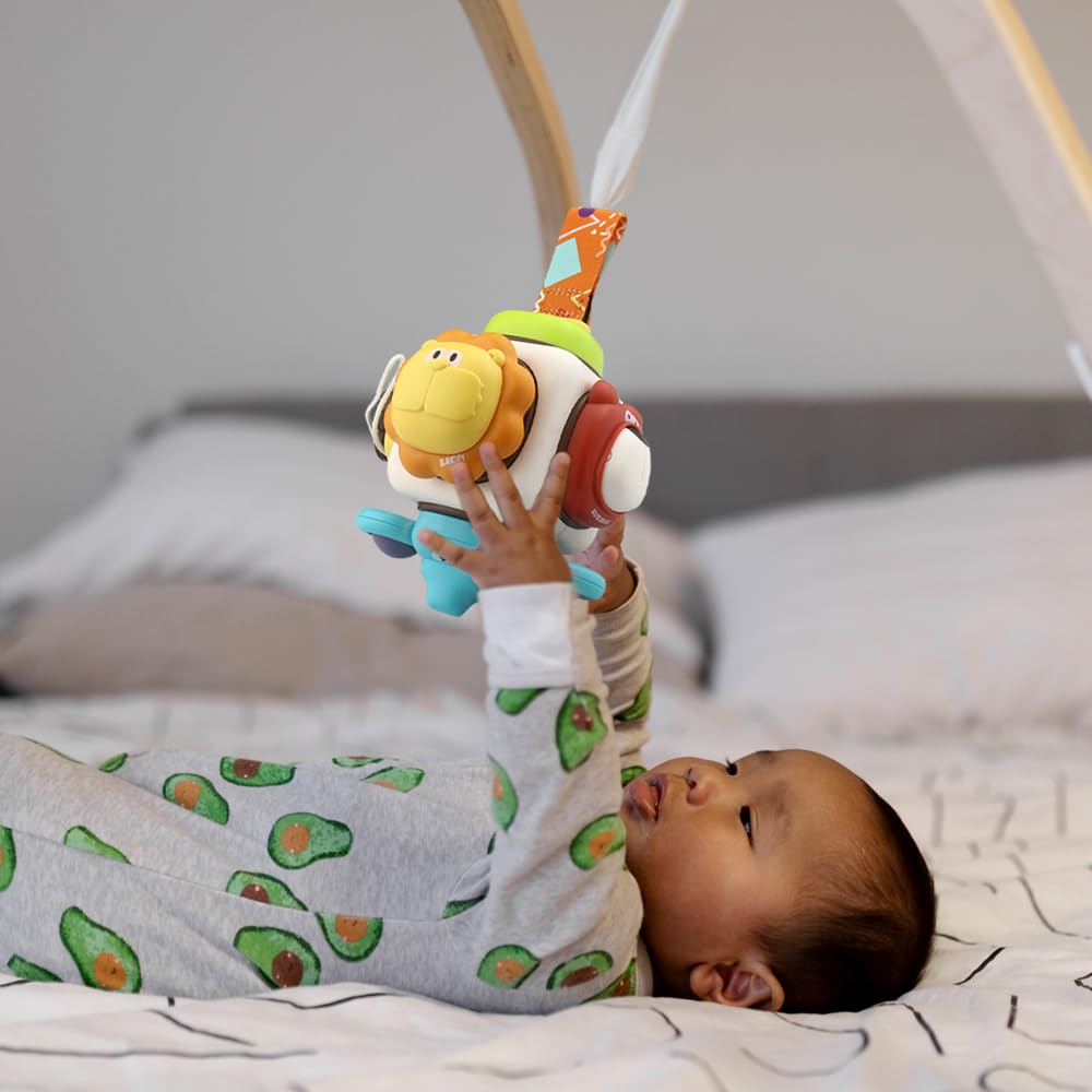 Caterbee baby stroller hanging toy with colorful animal design, clip-on mobile with multi-activity and safe teething features for infants.