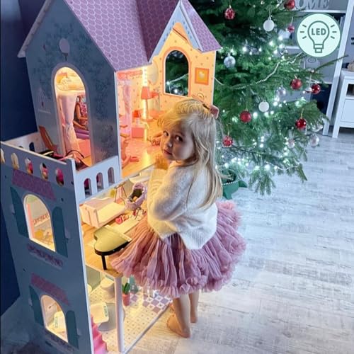 Mamabrum Wooden Dolls House XXL with Terrace Garden, LED Lights, Furniture & Accessories Included, 3-Storey Houses & Wooden Sweet Playhouse with Painted Roof & Walls for Little Girls, Rose/Light Blue