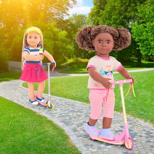 Our Generation 18-inch doll wearing Cute to Scoot Deluxe Scooter Outfit with scooter and accessories for pretend play.