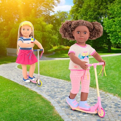 Our Generation 18-inch doll wearing Cute to Scoot Deluxe Scooter Outfit with scooter and accessories for pretend play.