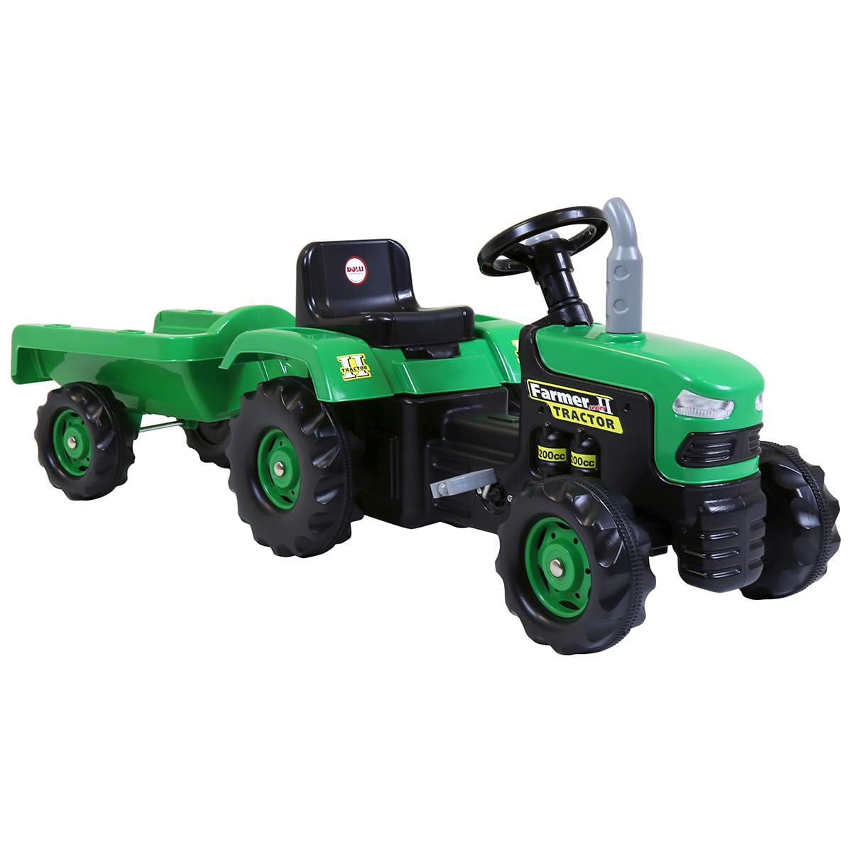 Dolu 8053 children's green and black ride-on tractor with trailer, working horns, pedal control, for ages 3 to 5, outdoor fun.