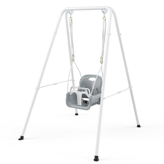 4 in 1 Toddler Swing Set, Kids Swing with Folding Metal Frame Stand, Safety Belt, for Baby In & Outdoor, Garden Playground Set, Swing Sets for backyard (White)