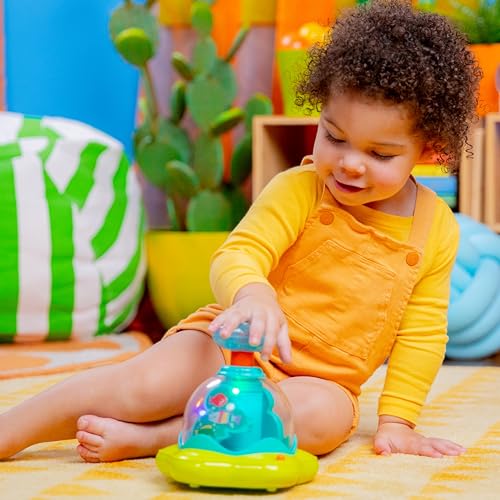 Bright Starts Press and Glow Spinner musical baby toy with multicoloured press buttons and spinning cause-and-effect features for infants.