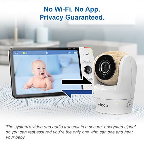 VTech VM919HD baby monitor with camera showing 7-inch HD display, night vision, wide-angle view, and pan-tilt features.