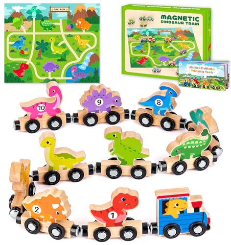 Wooden magnetic dinosaur train toys for toddlers, featuring colorful dinosaurs, ideal for educational play.