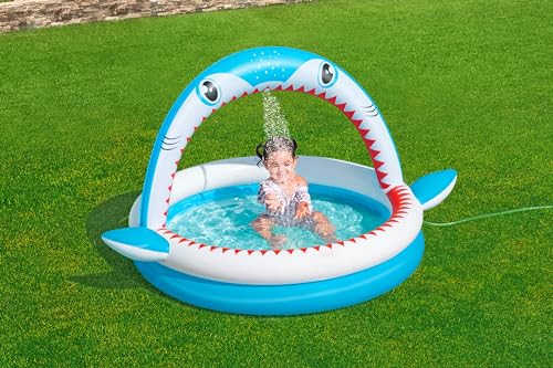 Bestway shark-shaped inflatable sprinkler play pool for kids, measuring 1.63m x 1.27m x 92cm, with vibrant colors.
