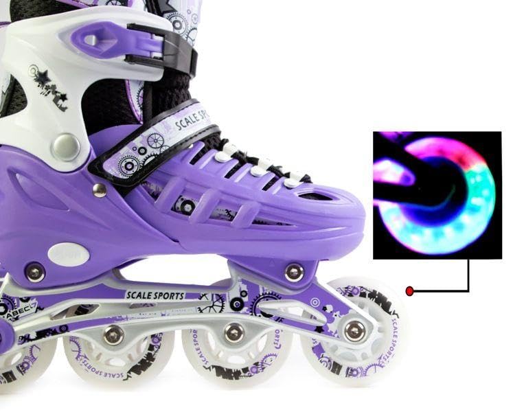 Scale Sports - Adjustuble Roller Skates with light up wheels for children and adults - Kids Inline Roller Skates (purple, UK 5-7 (EU 38-41) L)
