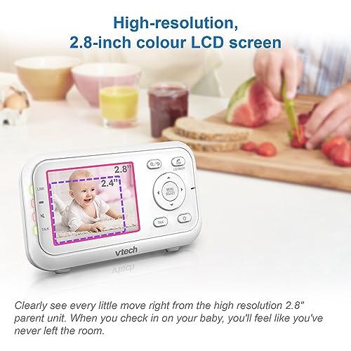 VTech VM3250 video baby monitor with camera, 2.8" LCD screen, night vision, long range, soothing sounds, and temperature sensor.