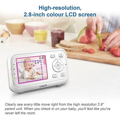 VTech VM3250 video baby monitor with camera, 2.8" LCD screen, night vision, long range, soothing sounds, and temperature sensor.