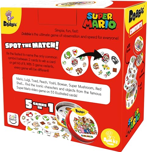 Asmodee Dobble Super Mario family card game featuring colorful Mario-themed cards for ages 6+ and 2-8 players.