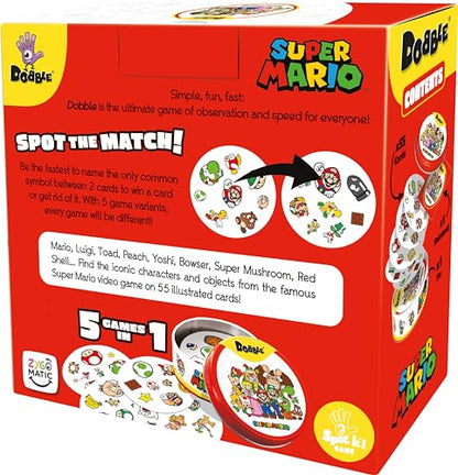 Asmodee Dobble Super Mario family card game featuring colorful Mario-themed cards for ages 6+ and 2-8 players.