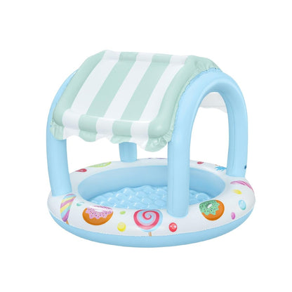 Bestway inflatable sweet shop paddling pool with canopy, designed for toddlers and kids in an outdoor garden setting.