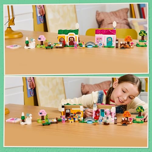 LEGO Animal Crossing Creative Houses set with Stitches, Fuchsia, and Fang minifigures, featuring two house models.