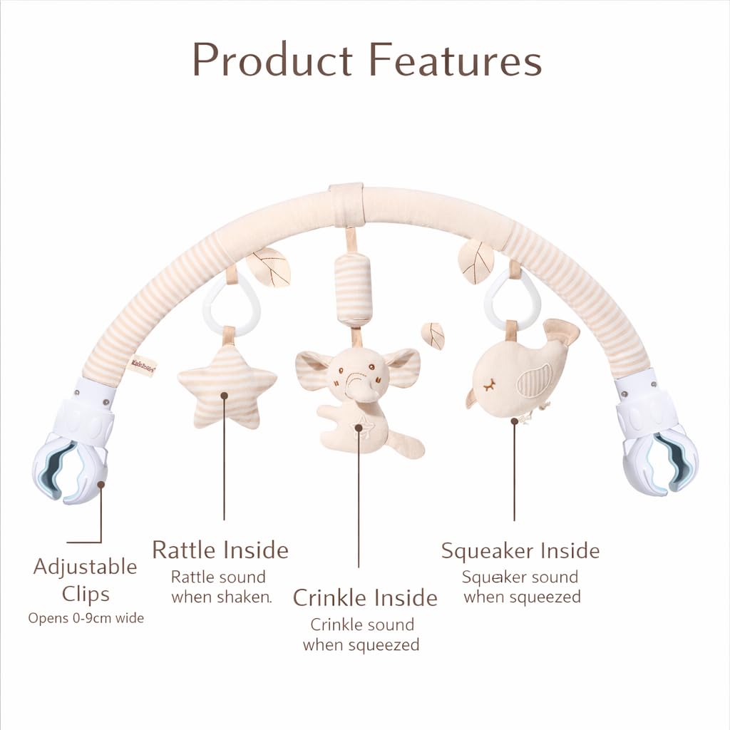 blloocod baby stroller arch toy clip featuring an elephant design, attaches to crib, car seat, or bouncer for entertainment.