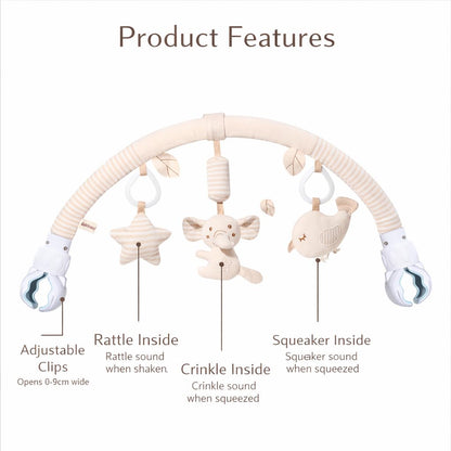 blloocod baby stroller arch toy clip featuring an elephant design, attaches to crib, car seat, or bouncer for entertainment.
