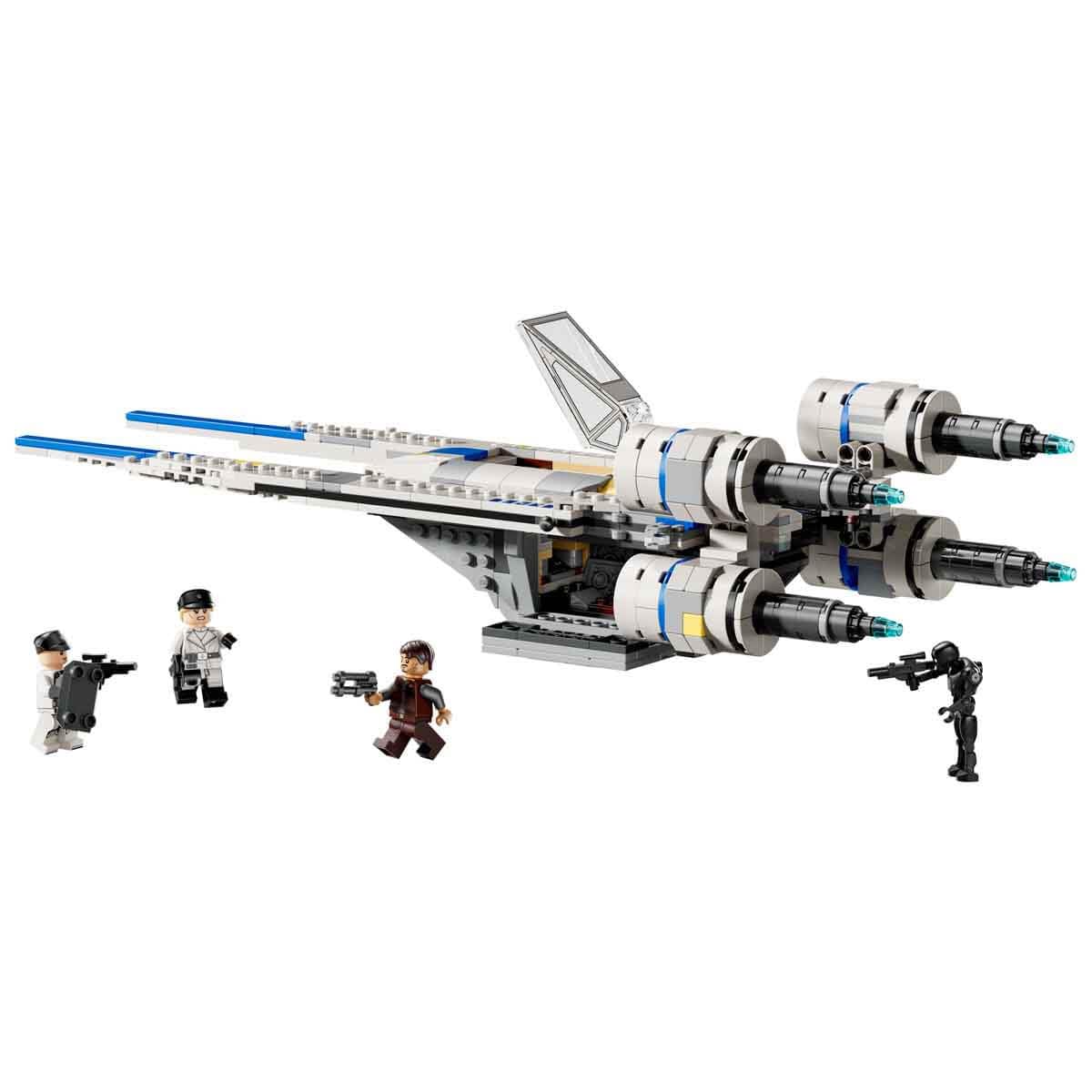 LEGO Star Wars 75399 Rebel U-Wing Starfighter with swing-wing function and minifigures including Cassian Andor and K-2SO.