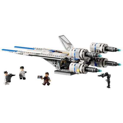LEGO Star Wars 75399 Rebel U-Wing Starfighter with swing-wing function and minifigures including Cassian Andor and K-2SO.