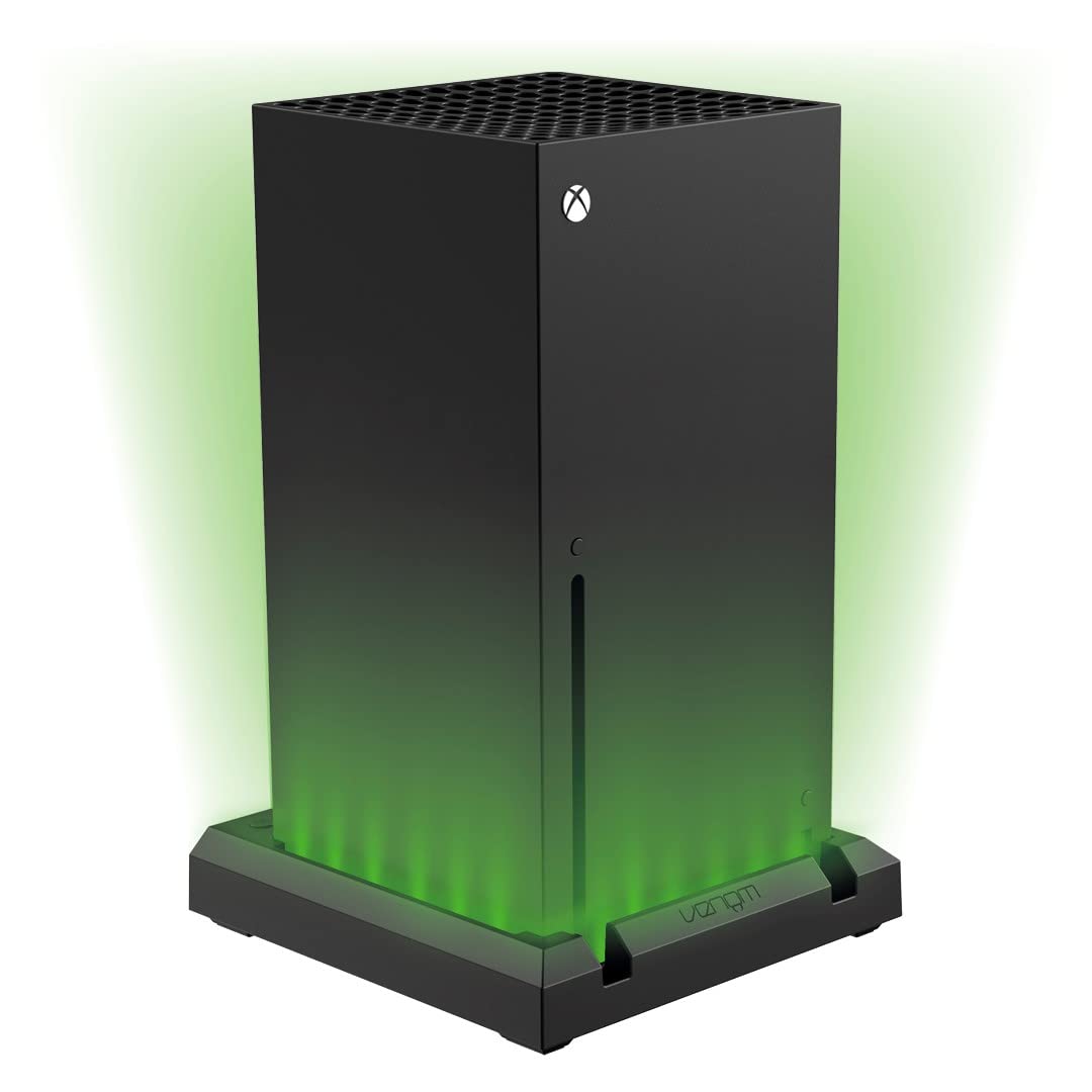 Venom LED light-up console stand for Xbox Series X, with sleek black design and illuminated accents for enhanced gaming setup.