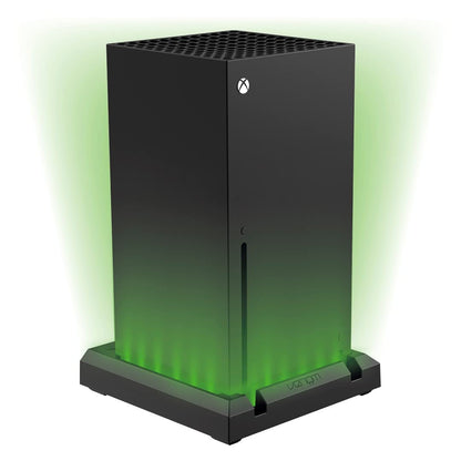 Venom LED light-up console stand for Xbox Series X, with sleek black design and illuminated accents for enhanced gaming setup.