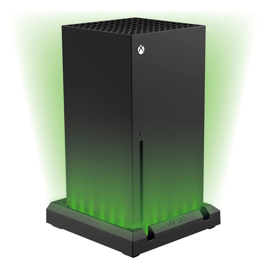 Venom LED light-up console stand for Xbox Series X, with sleek black design and illuminated accents for enhanced gaming setup.
