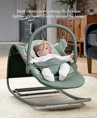 Mamas & Papas Tempo 3-in-1 rocker and bouncer with lightweight frame, 3-point harness, and removable magnetic toy bar in Ivy color.