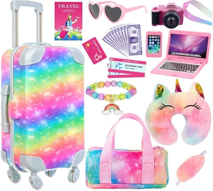 ZITA ELEMENT 23 PC rainbow travel set for dolls, featuring a suitcase, camera, computer, and accessories.