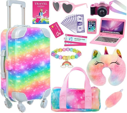 ZITA ELEMENT 23 PC rainbow travel set for dolls, featuring a suitcase, camera, computer, and accessories.