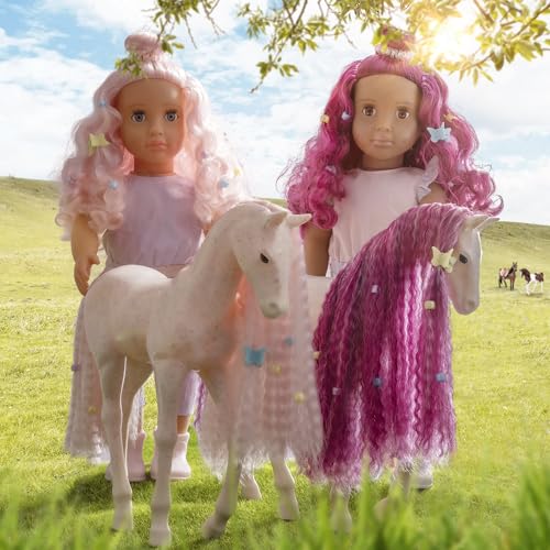 Our Generation Elara doll with pink hair and foal in lilac jumpsuit, featuring hairstyling accessories for kids.