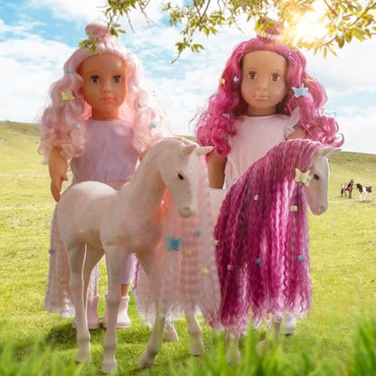 Our Generation Elara doll with pink hair and foal in lilac jumpsuit, featuring hairstyling accessories for kids.