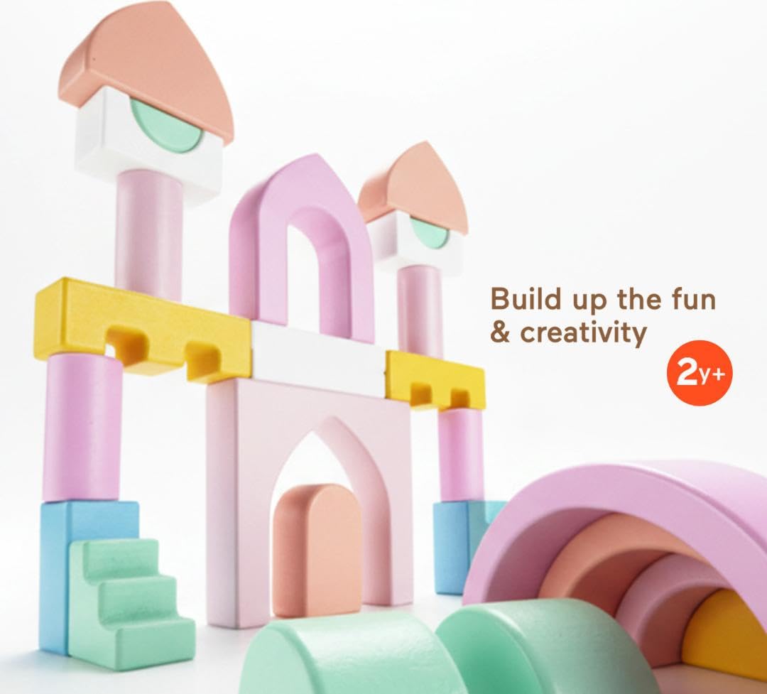 Fisher-Price wooden toddler toy castle block set with 28 stacking pieces for preschool kids age 2+ for developmental play
