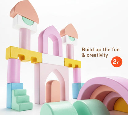 Fisher-Price wooden toddler toy castle block set with 28 stacking pieces for preschool kids age 2+ for developmental play