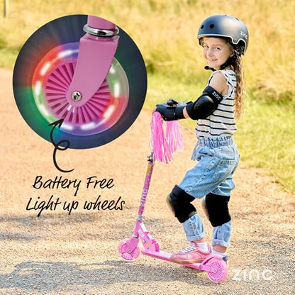 Zinc Kids Scooter for Ages 3+, Folding 2-Wheel Kick Scooter with Light Up Wheels, Height Adjustable, Anti-Slip Footplate, Rear Footbrake, Unicorn with Tassels