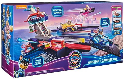 Paw Patrol: The Mighty Movie Aircraft Carrier HQ, with Chase Action Figure and Mighty Pups Cruiser, Kids’ Toys for Boys and Girls 3+